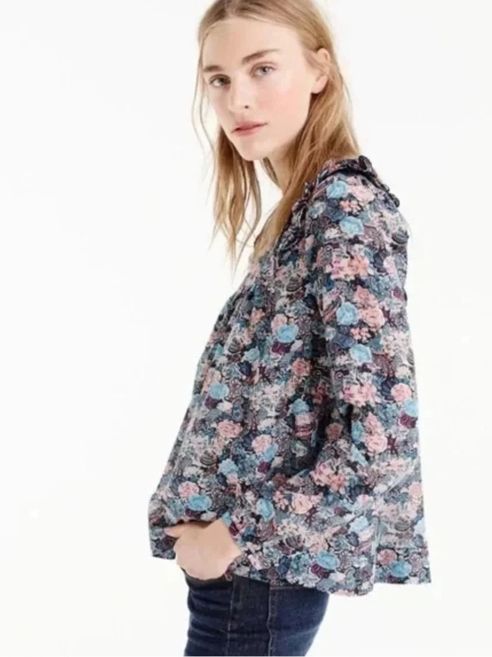 J Crew Ruffle Top Sz M Long Sleeve Blue Pink Paisley Floral Cotton Silk Bohemian
